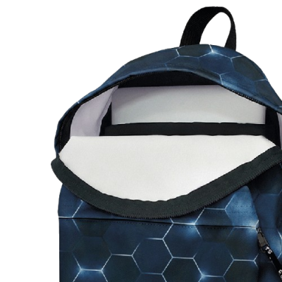 Mochila azul escura com padrão de hexágonos e interior branco aberta
