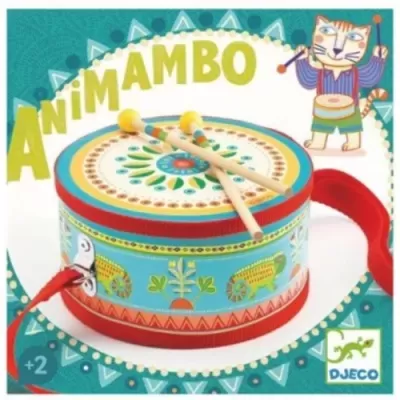 Tambor infantil colorido com padrão circular e baquetas amarelas