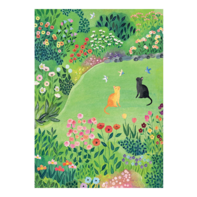 Ilustração de jardim colorido com flores variadas e dois gatos sentados na relva