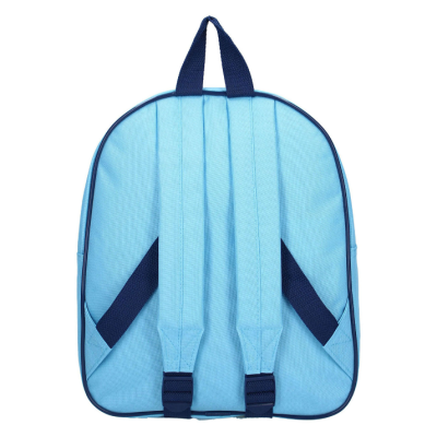 Mochila azul claro com alças ajustáveis e alça de suporte azul escuro