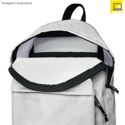 Mochila branca aberta com portátil cinzento dentro