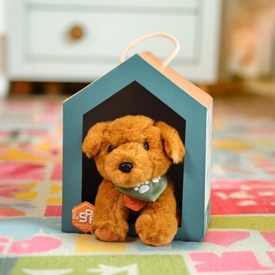 Urso de peluche castanho com bandana dentro de embalagem em forma de casa azul.