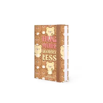 Caderno castanho com ursos e texto 'HUG MORE WORRY LESS'