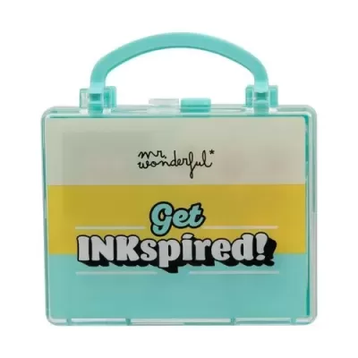 Estojo plástico transparente com punho azul turquesa e tampa colorida com texto