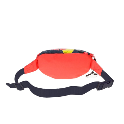 Bolsa tipo cinto vermelha e preta com alça ajustável preta e mosquetão prateado