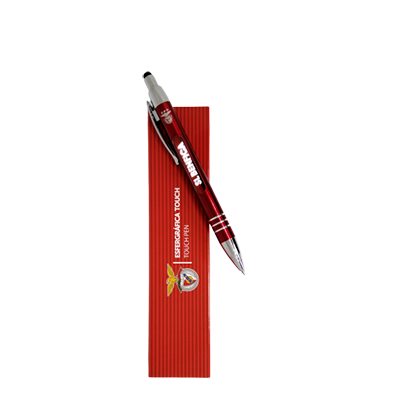 Caneta esferográfica Touch vermelha com detalhes prateados e texto branco sobre caixa vermelha