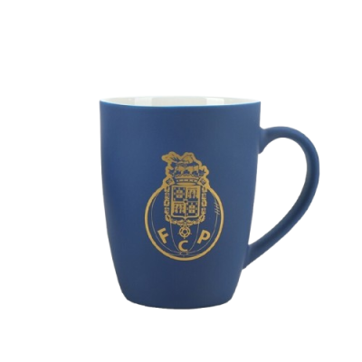 Caneca azul com interior branco e emblema dourado FCP