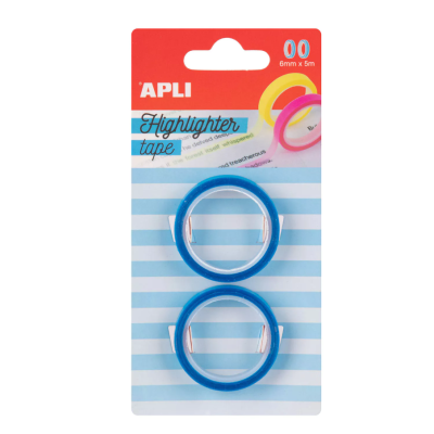Duas fitas adesivas azuis tipo marca-texto APLI Highlighter tape em embalagem com riscas azuis e brancas