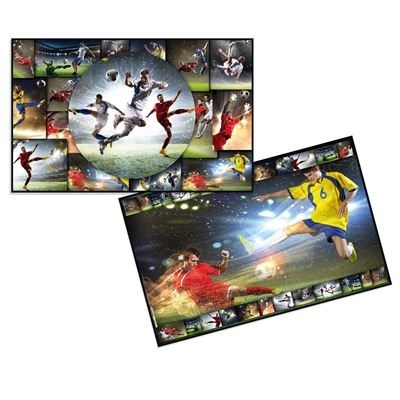 Painéis coloridos com jogadores de futebol em posições dinâmicas