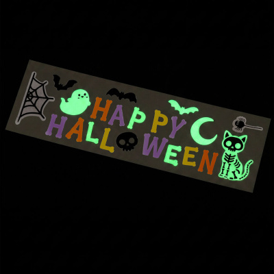 Decoração adesiva fosforescente para Halloween com texto e ícones temáticos