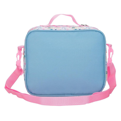 Bolsa infantil azul com alças rosas e padrão colorido nas laterais