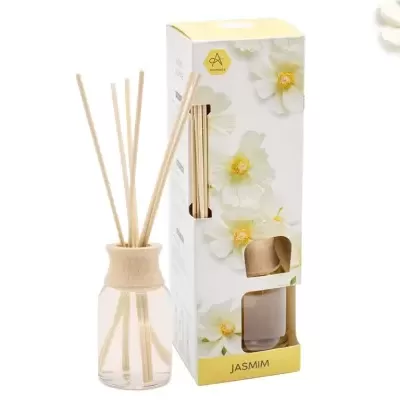 Difusor de aromas Jasmim com frasco de vidro e varetas de madeira, embalagem com flores brancas