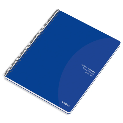 Caderno espiral azul com capa dura e texto branco impresso