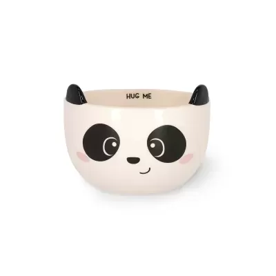 Tigela de cerâmica com design de panda e texto interior 'HUG ME'.