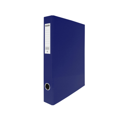 Pasta azul escura com etiqueta branca e anel metálico na lombada