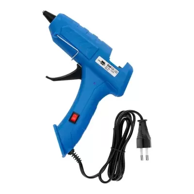 Pistola de cola quente azul com cabo preto e botão vermelho