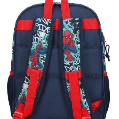 Mochila infantil azul escura com alças vermelhas e estampa do Homem-Aranha