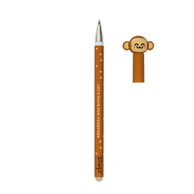 Caneta castanha com tampa de macaco sorridente e texto Let’s Have Fun Together