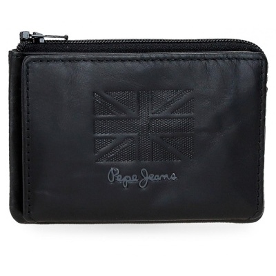 Carteira preta em pele com relevo da bandeira do Reino Unido e logo Pepe Jeans