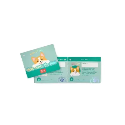 Cartões de identificação para cães com ilustração de Corgi e espaço para dados do animal e dono