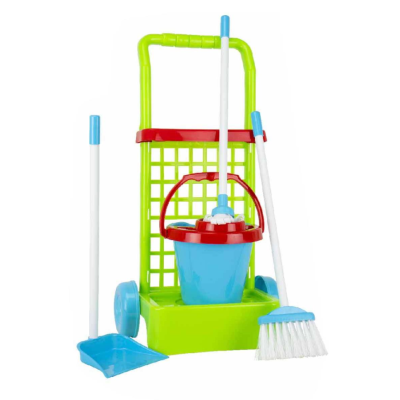 Conjunto de brinquedo de limpeza colorido com carrinho, balde, vassoura e pá
