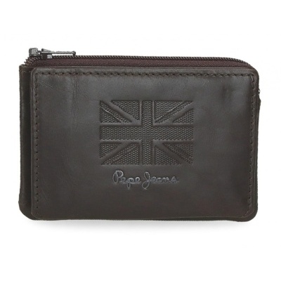 Carteira pequena em couro castanho escuro com estampa da bandeira do Reino Unido e logo Pepe Jeans