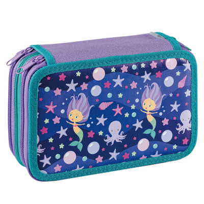 Estojo escolar com padrão de sereias lilás e decoração marítima colorida.