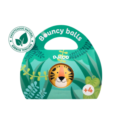 Embalagem verde com bola saltitante de tigre e texto Bouncy Balls DJECO +4
