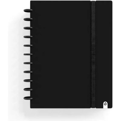 Caderno preto com argolas e fecho elástico