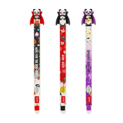 Três canetas decorativas de Halloween com pandas, nas cores preto, vermelho e roxo.