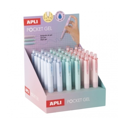 Expositor com canetas de gel em tons pastel