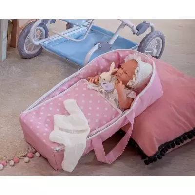 Mini berço portátil rosa com boneco vestido branco e almofada rosa