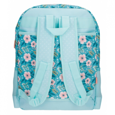 mochila azul claro floral com alças almofadadas e bolsos laterais em rede