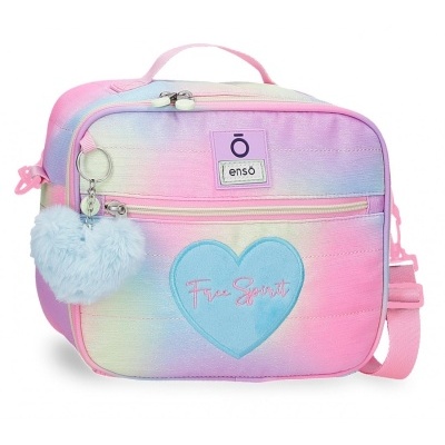 Mala colorida com padrão pastel e pendente de pompom azul claro