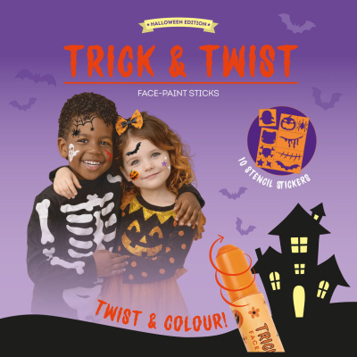 Promoção de face-paint sticks Trick & Twist edição Halloween com crianças vestidas e pintadas para Halloween