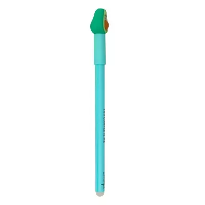 Caneta azul com topo em forma de abacate verde e castanho