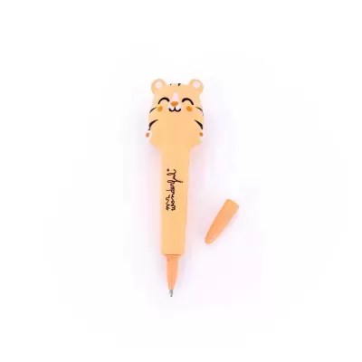 Caneta laranja clara com cabeça de tigre sorridente