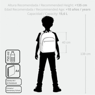 Silhueta de criança com mochila branca indicada para crianças a partir de 135 cm de altura