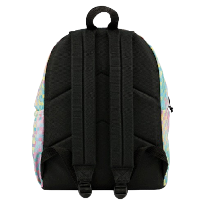 Mochila preta com laterais coloridas em padrão quadriculado