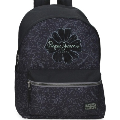 mochila preta com padrão floral e logo Pepe Jeans London com bolsa frontal