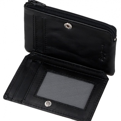 Carteira preta em pele com fecho de botão e zip