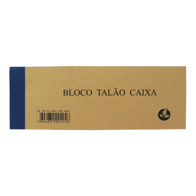 Bloco talão caixa em papel castanho com lombada azul e texto preto