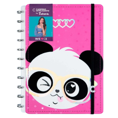 Caderno inteligente rosa com desenho de panda e elástico preto