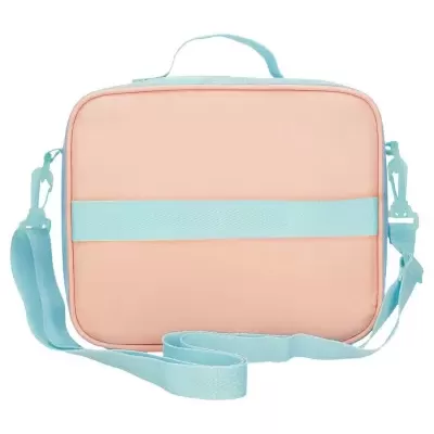 Bolsa retangular cor de rosa com alça e faixa azul clara