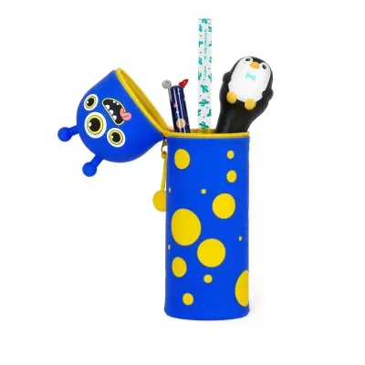 Necessaire cilindrica silicone azul com bolas amarelas e tampa monstro com olhos