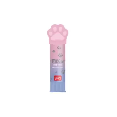 Caneta com tampa em forma de pata de gato cor-de-rosa e corpo roxo com texto e pegadas
