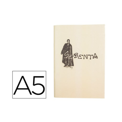 Caderno A5 com capa branca, ilustração e texto preto