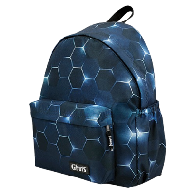 Mochila azul escura com padrão hexagonal, bolso frontal e etiqueta Ghuts