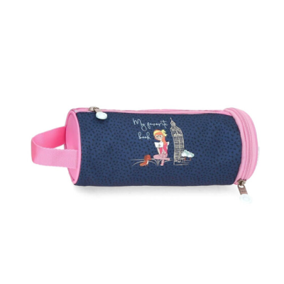 Estojo azul escuro com laterais cor-de-rosa e ilustração com texto