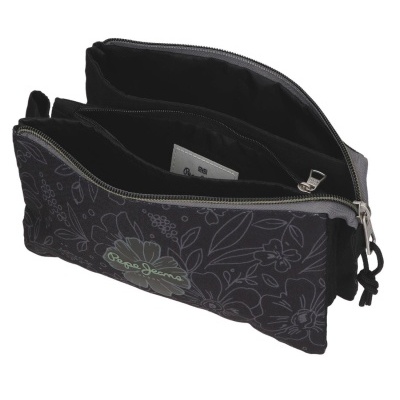 Estojo escolar preto com padrão floral cinzento e fecho de correr metálico.